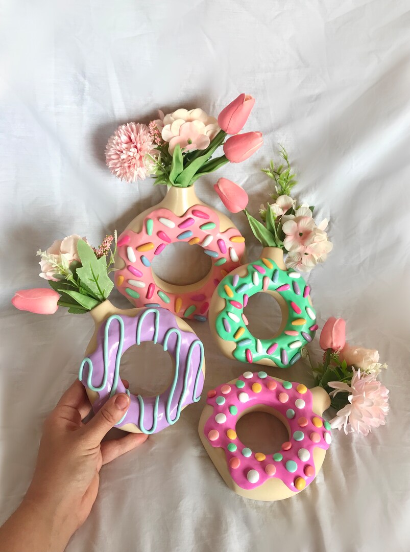Donut Vase, Doughnut Vase, Cute Decor, Colorful Home Decor, Sprinkles Icing Frosting Frosted Donut Vases, Quirky Kawaii Food Decorations